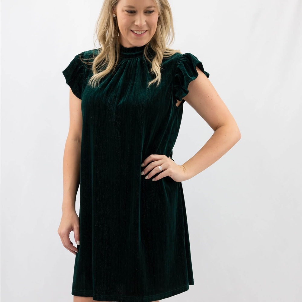 Velvet Ruffle-Sleeve Mini Dress in Deep Green